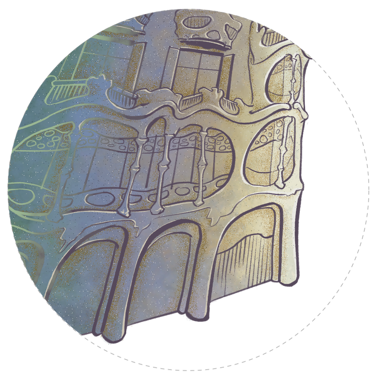 Detall de la il·lustració de la casa Batlló, al Passeig de Gràcia 43