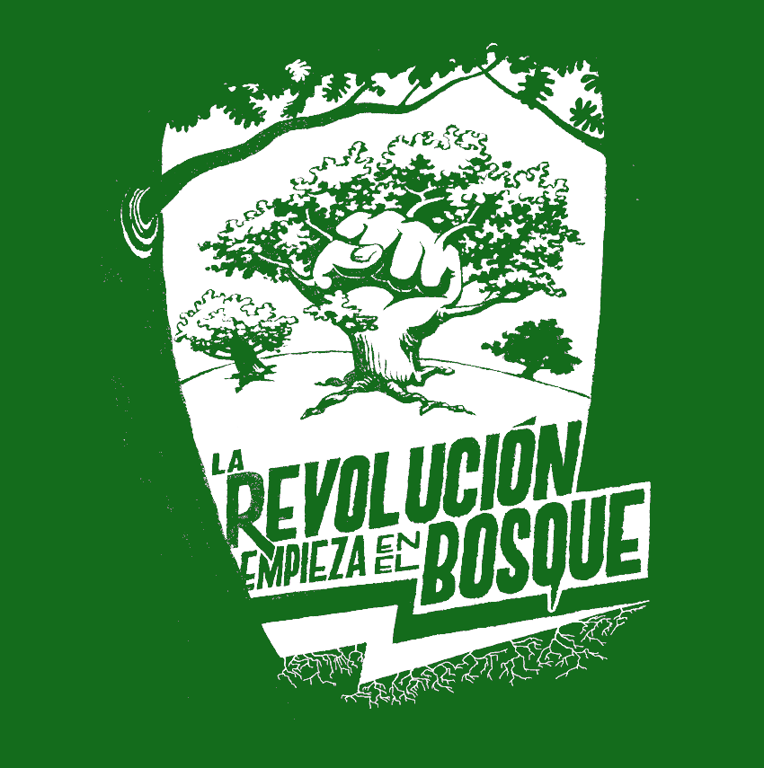 Dibuix per a una de les samarretes del projecte Think in trees, amb el lema "La revolución empieza en el bosque"
