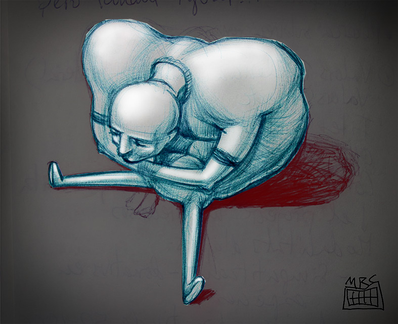 Esbós "Carregant el pes a les esquenes", original en bolígraf, color en digital